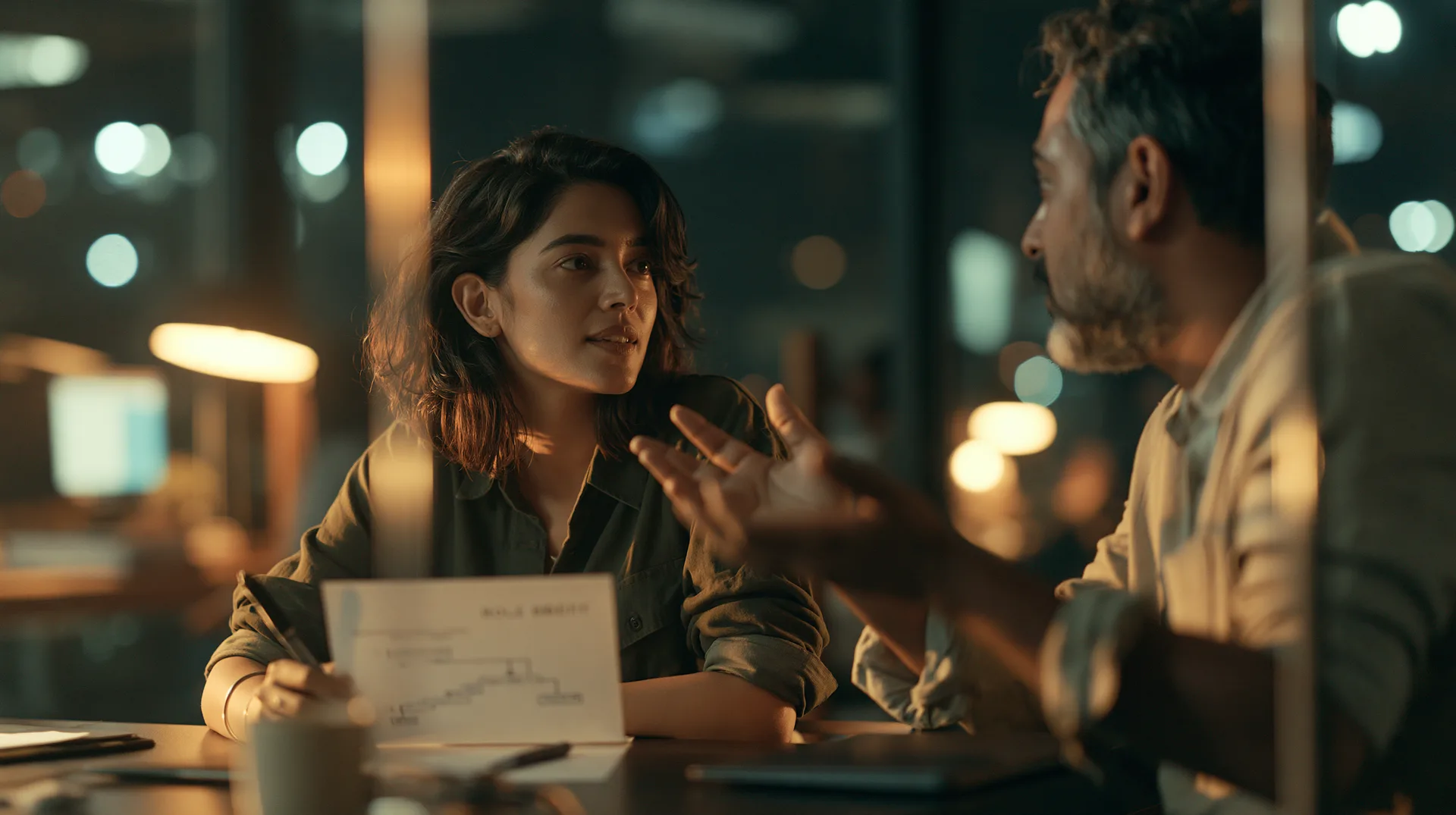 Recruiter and hiring manager discussing a role brief across the table