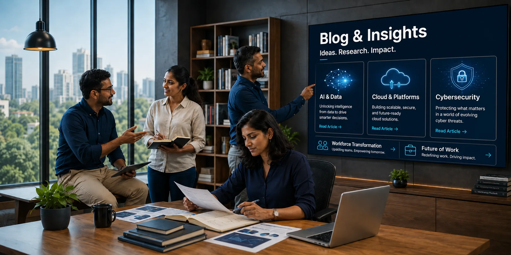 Colleagues discussing research beside a large screen showing SFJBS blog categories — AI and data, cloud and platforms, and cybersecurity