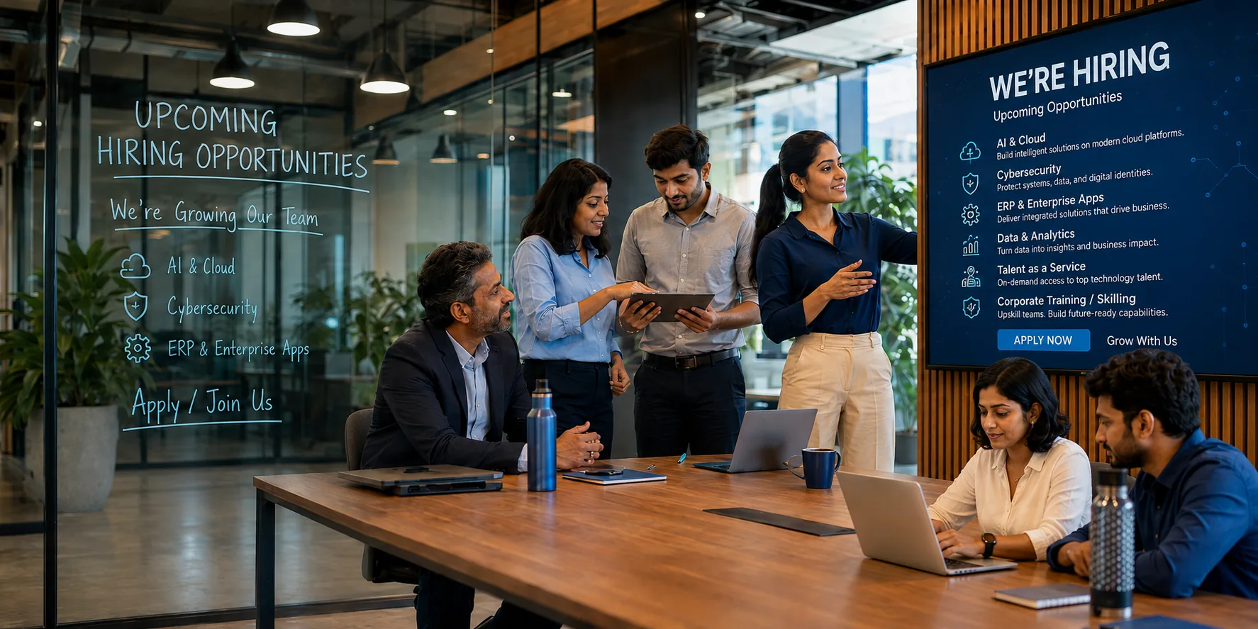 SFJ Business Solutions team members collaborating in a meeting room beside a board listing current hiring areas including AI and cloud, cybersecurity, ERP, data analytics and corporate training