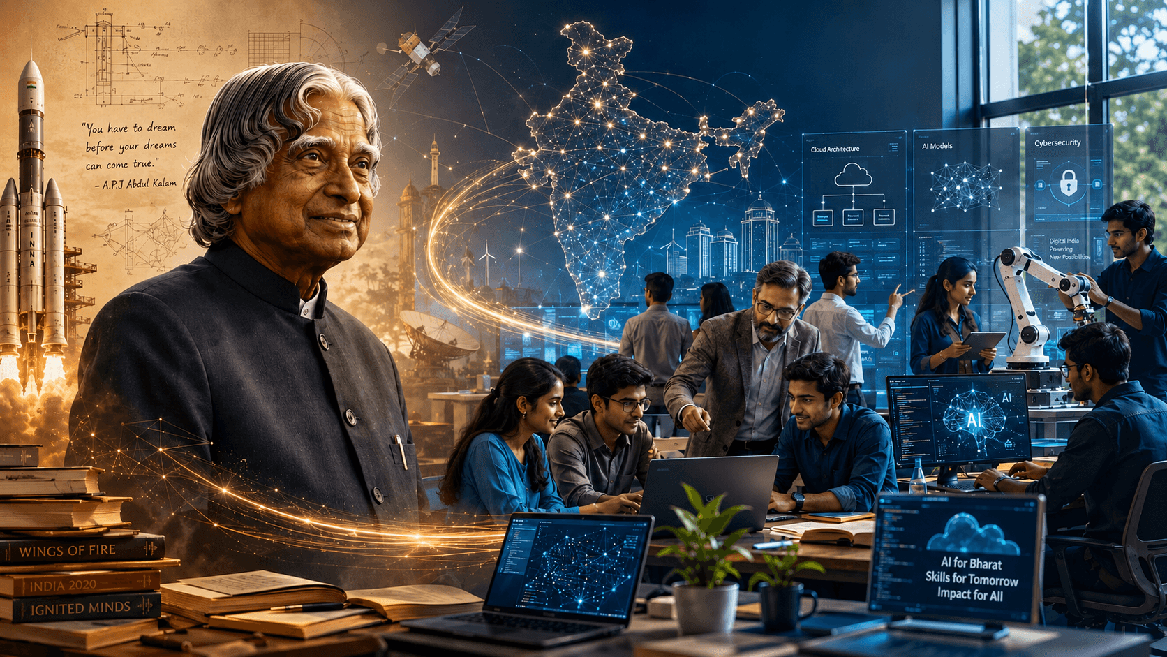 A P J Abdul Kalam beside a holographic map of India, with a team collaborating on national skilling initiatives