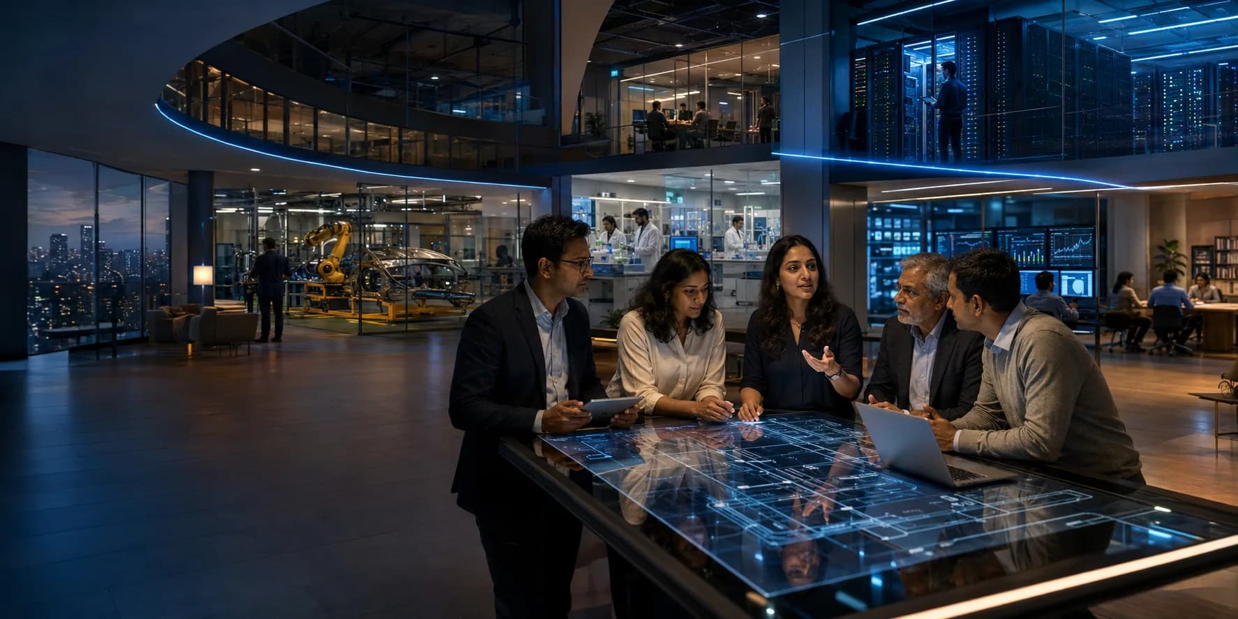 Professionals in discussion around a glowing interactive table, with a robotics line, laboratory, data centre and analytics floor visible behind them, representing the industries SFJ Business Solutions serves