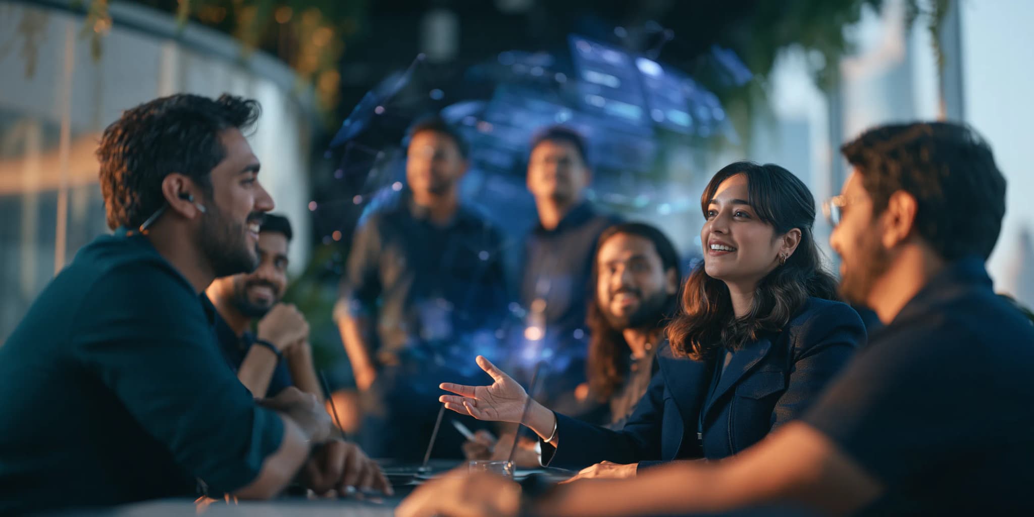 Educators collaborating together in discussion, with a holographic globe representing global, technology-driven learning